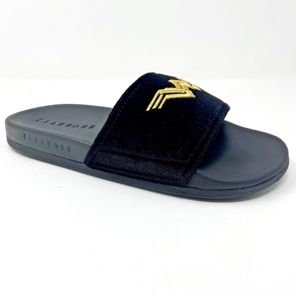 STNDRD Standard Monaco DC Comics Wonder Woman Black Gold Womens Slide Sandals